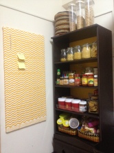 Chevron covered pin boards, small pantry space