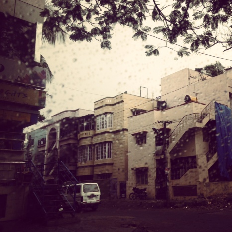 Raindrops against the backdrop of quiet, lazy Bangalore on a Friday morning